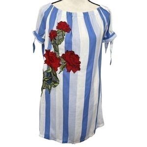 Chocolate cotton blend flower embroidered summer striped blue/white dress size L